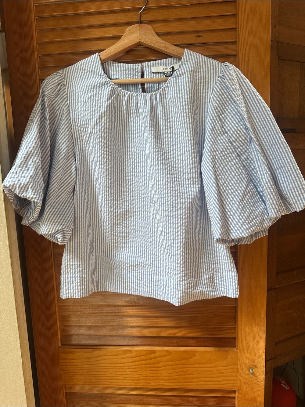 Joe's Jeans Light Blue and White Seersucker Puff-Sleeve Blouse